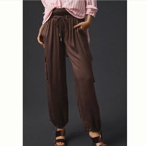 NWT Anthropologie Chocolate Brown Satin Parachute Pants, 4 Petite
